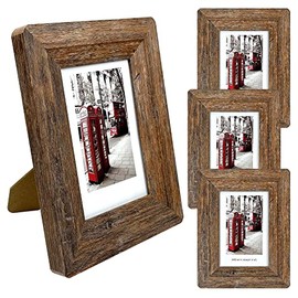 4x6 Picture Frames Set, Set of 4 Wooden Picture Frames Real Tempered Glass and Composite Wooden Rustic Rounded Corners Photo Display for Tabletop Wall Mount with Hanging Hardware and Stand (Brown)