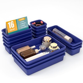 16 PCS Drawer Organizer Set, 4 Size Makeup Drawer Divider Organizer With Non-Slip Pads, Interlocking Plastic Storage Bins for Office,Jewelry Vanity,Gadgets, Bathroom,Kitchen, Navy