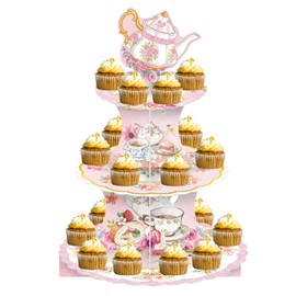 3-Tier Floral Cupcake Stand Cartoon, Afternoon Tea Party Theme with Sturdy Cardboard, Flower Cupcake Stand Decorations for Baby Showers, Weddings, Birthdays & Tea Party Decor