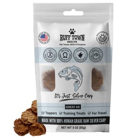 Ruff Town Dog Treats – Human Grade Silver Carp, Dehydrated Single Ingredient | High Protein & Omega Fatty acids for Dogs, Cats | Hypoallergenic, Ideal for All Breeds & Sizes, Made in USA (3 oz)