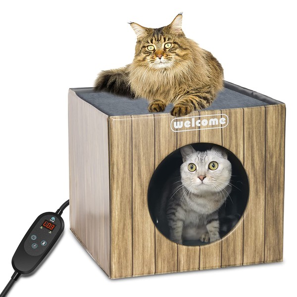 Heated Cat Houses for Outdoor Cats, PETNF Weatherproof Feral Cat House for Indoor Outside Cats Small Dogs in Winter, Heated Cat Bed with Pet Heating Pad, Foldable Waterproof Safe Insulated Cat Shelter