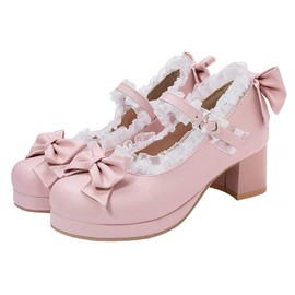 LUXMAX Womens Bow Cute Cosplay Platform Mary Janes Mid Block Heel Court Shoe Size 3UK,Pink