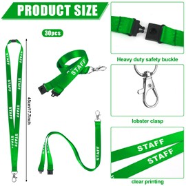 30 Pcs Safety Breakaway Staff Lanyards Pre Printed Green Neck Lanyard Staff Neck Strap with Swivel Plastic Clip and Safety Breakaway Catch Staff Badge Lanyard for Identity Id Card Pass Badge Holder
