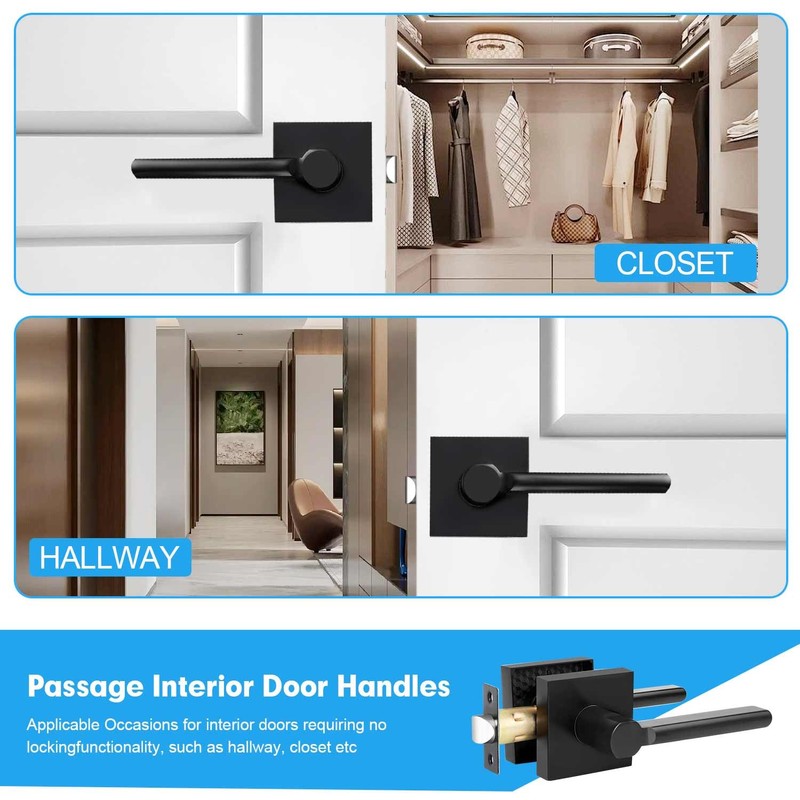 RAZCC Passage Door Handles, 5 Pack Square Black Interior Door