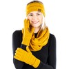 Funky Junque Cable Knit Headwrap, Glove & Scarf Bundle: Mustard