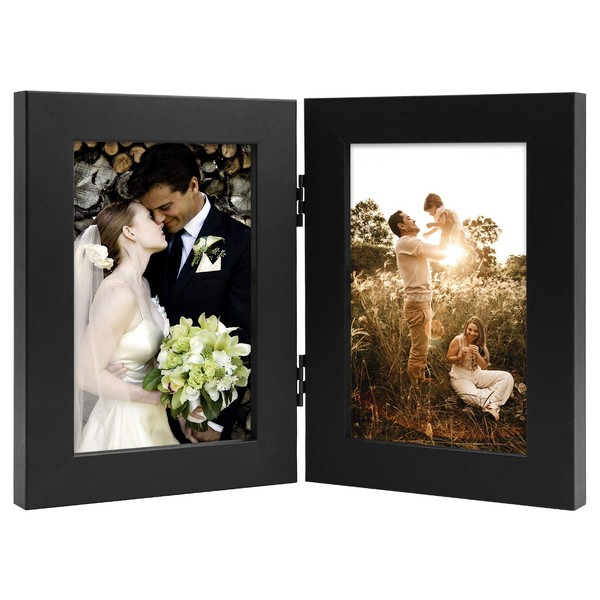 Golden State Art, 4x6 Double Picture Frame Vertical Hinged Photo Frame 2 Opening Folding Family Frames Collage, with Real Glass (4x6, Black, 1-Pack)