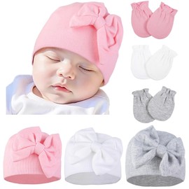 Newborn Baby Hats and Mittens Set for Baby Girls, Infant Bow Knot Beanie Caps No Scratch Mittens, Toddler Hospital Hats Cotton Gloves for Baby Girls 0-6 Months