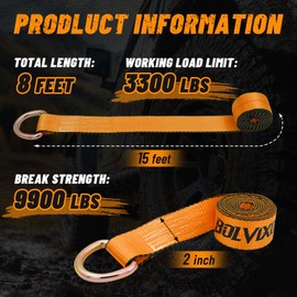 Bolvixor 8 Pack 2" x 96" Lasso Strap - 9900LBS Break Strength - D Ring Auto Tie Down for Wheel Lift, Trailer, Tow Truck(Orange)