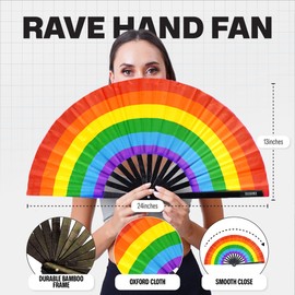 SoJourner Bags Rainbow Rave Fan - Large Folding Clack Fan for Men and Women - Rave Accessories for EDM, Line Dancing, Cosplay, Concerts and More