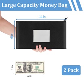 2 Pack Money Bags with Zipper, Bank Pouch with Label, 11 x 6.1 Inch PU Leather Cash Deposit Holder for Coins, Invoice, Bills, Cosmetics, Tools (Black & Navy Blue)