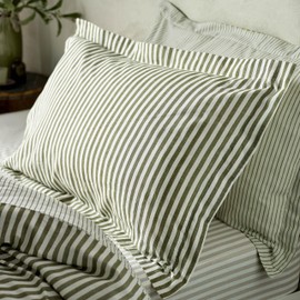 Yard Hebden Mélange Stripe Pillowcases – 100% Cotton Breathable Oxford Edge Bedding (Olive - Pair)