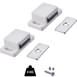 Gedotec Door Magnet Strong Magnetic Catch for Furniture & Cupboard Doors | Door Latch Square | Easy | Furniture Lock Plastic White | Holding Force 4 kg | Pack of 2 - Magnetic Door Lock Including