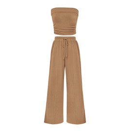 PRETTYGARDEN Womens Summer Outfits 2 Piece Sets Casual Ribbed Knit Crop Tube Top Wide Leg Pants Spring Matching Lounge Set(Camel,Medium)