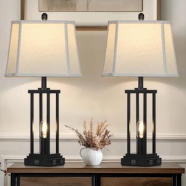 27" Tall Farmhouse Table Lamps with Bell Lampshade, Black Industrial Living Room Lamps Set of 2 with Night Light, Rustic Bedside Lamp with USB C+A Port & AC Outlet, Vintage Bedroom Lamp for Nightstand