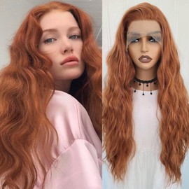 RONGUDOYI Ginger Curly Wig Long Wavy Synthetic Lace Front Wig Glueless Orange Curly Natural Hair Water Wave Lace Front Wigs Burnt Orange Wigs for Women