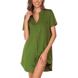 Vlazom Women's Nightdress Turn-Down Collar with Buttons Short Sleeve Nightdress with Chest Pocket, Style B-Army Green