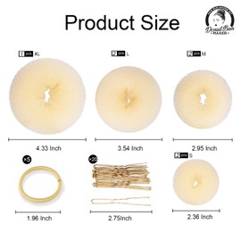 Teenitor Blonde Hair Donut Bun Maker Set, 7pcs Hair Donut Bun Ring with 5pcs Doe Beige Elastic Hair Bands with 20pcs Gold Hair Pins, Hair Bun Doughnut for Ballet Girls Kids, Extra Large Medium Small