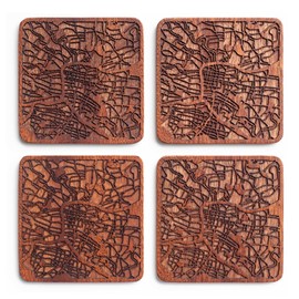 Glasgow Map, Sapele Wood Coasters, Set of 4, City Map, Multiple City Optional, Handmade