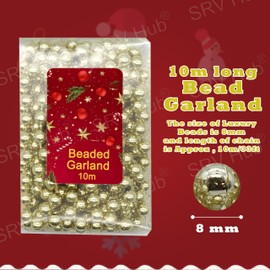 Christmas Bead Chain 10M, Luxury Plastic Garland, Xmas Tree Hanging Ornaments, Party Decoration (Champagne Gold)