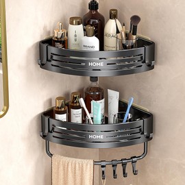 SOMIVOT Corner Shower Caddy - Shower Shelf Corner, No Drilling Bathroom Organizers And Storage Racks, With Towel Bar Space-Saving (Triangle-Black)