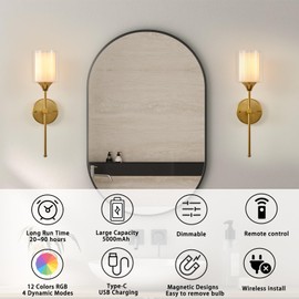 BCGMYLN Battery Operated Wall Sconces Set of Two, Gold Wireless Wall Light with USB Rechargeable LED Light Bulbs 12 Colors Dimmable Crystal Wall Lamp with Remote for Living Room, Bedroom, Hallway