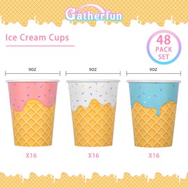 Gatherfun Ice Cream Party Supplies Set for Kids & Girls Birthday Paper Ice Cream Cups,48-Pack 9-oz Perfect for Baby Shower & Ice Cream Birthday Party Decorations（mix 3 designs）, 011107