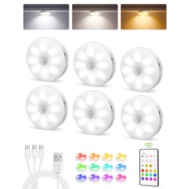 EZVALO Under Cabinet Lighting, Rechargeable Motion Sensor Puck Lights with Remote, 3 Color Temps &12 RGB LED Battery Operated LED Lights, Dimmable Magnetic Under Counter Lights for Kitchen (6 Pack) | EZVALO