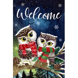 Texupday Welcome Couple Owls Winter Snowy Night House Flag Outdoor Yard Flag 28" x 40"