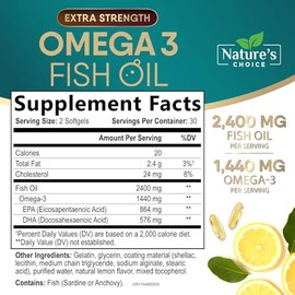 Nature's Choice Aceite de pescado omega-3, DHA, EPA – Extra fuerza (2400 mg) para apoyo natural del corazón y el cerebro, suplementos sin OMG, sin arb