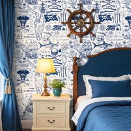 ReWallpaper 17.5in X 23ft Coastal Nautical Peel and Stick Wallpaper Vintage Pirate Ship Wallpaper Waterproof Blue and White Contact Paper for Kitchen Shelves Cabinets Laundry Removable Wall Covering