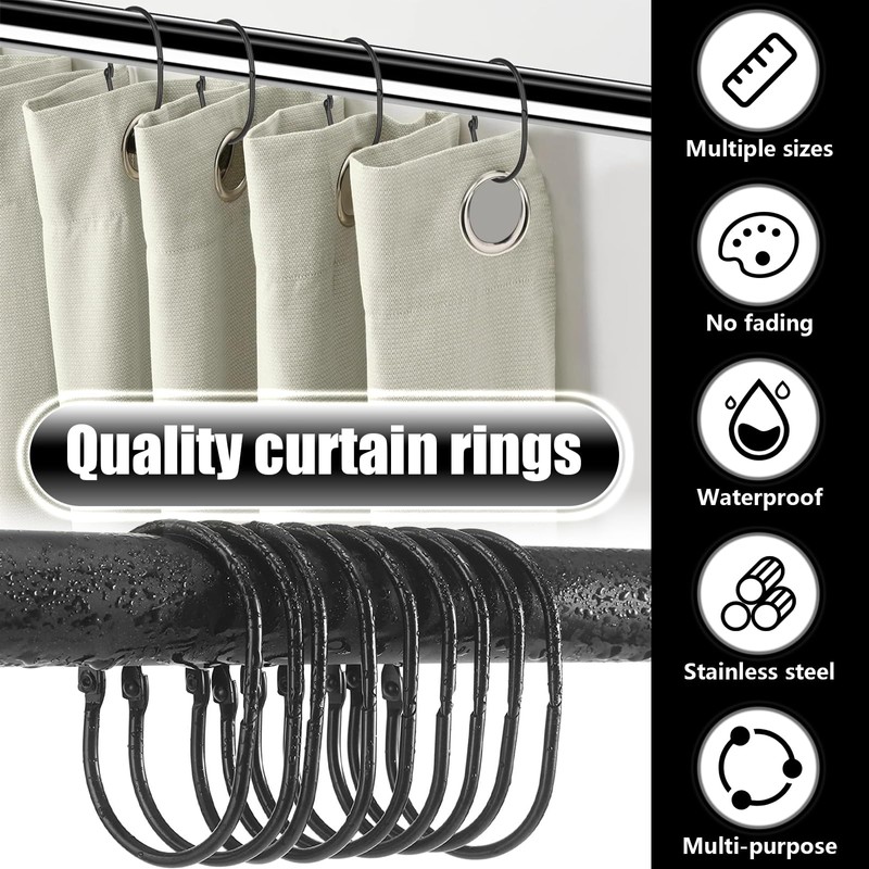 Shower Curtain Rings, 26 Pcs Black Metal Curtain Rings, Rustproof