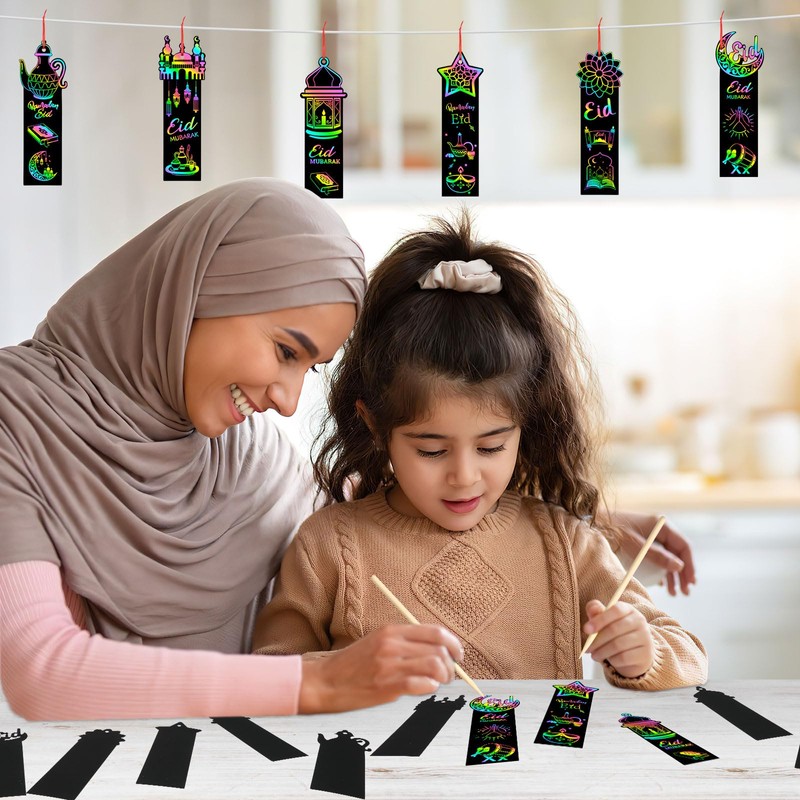JUNEBRUSHS 30Pcs Ramadan Crafts, Rainbow Magic Ramadan Scratch Bookmarks for