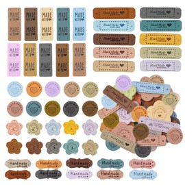 Pluvyze Pack of 100 Handmade Labels for Sewing, Handmade Label with Holes, PU Leather Label, Handmade Embossed Label for Crochet Clothing, Knitting, DIY Jeans, Bags, Hats (5 Styles)