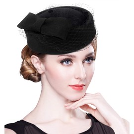 Z&X Winter Wool Fascinator British Pillbox Hat Women Wedding Church Derby Beret Hat Veil Bow Fedoras Black