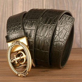 xichuangyuXCY Men's Leather Ratchet Belt Retro Crocodile Buckle Casual Business Belt 49 Inches (Crocodile Patterned Anchor Black)