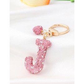 Pink Bling Initial Keychain for Women Girls,Sparkly J Letter Key Chain Charm with Wristlet and Key Ring for Car Keys Handbag Backpack