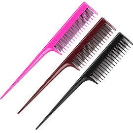 Leinuosen 3 Pcs Triple Teasing Comb Rat Tail Comb Tool Tease Layers Pintail Comb for Women Back Combing Root Teaser Adding Volume Structure Styling(Black, Pink and Brown)