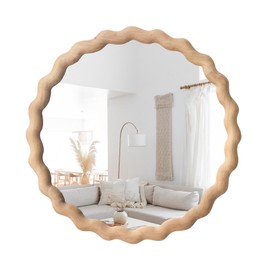 Irregular Wall Mirror,Wood Round Farmhouse Mirror Unique Vanity Mirror,20" Nature Wooden Modern Bathroom Mirror for Washroom Living Room Bedroom