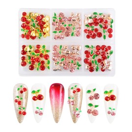 WEILUSI 60 Pcs 3D Nail Rhinestones-Cherry Nail Charms Fruit Luxury Cherry Design Red Pink Big Diamond Crystal Nail Studs Gold Silver Alloy Nail Gems for Women DIY Nail Art Decoration Supplies Crafts