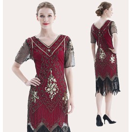 ELFIN 20s Dresses Flapper Dress Women's Fringe Sequin Dress 20s Party Dress Accessories 1920s Costume Dresses with Headband, Headwear, Long Black Gloves, Necklace