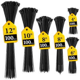600 Pack Zip Ties Assorted Sizes(4''+6''+8''+8''+10''+12'')Black Cable Ties