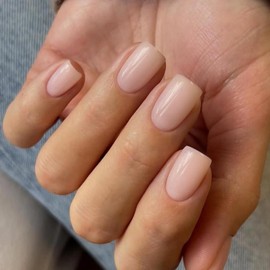 KQueenest Acrylic Press on Nails Short Square, Nude Pink False Nails Short Coffin, Glossy Natural Solid Color Small Fake Nails Set, Reusable Gel Stick on Nail for Women Finger Daily Wear 24 Pcs