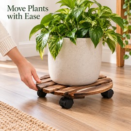 Rolling Plant Stand for Indoor and Outdoor Potted Plants – Solid Wood Base with 360° Swivel Casters for Easy Moving