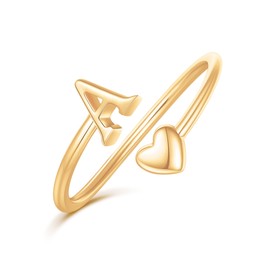 Heart Initial Rings for Teen Girls Women,14k Gold Plated Rings for Women Teen Girls Initial Ring Adjustable Rings for Women Heart Letter A Rings for Teen Girls Gifts for Girls