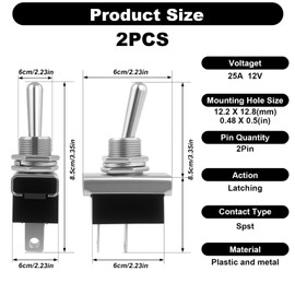 2Pcs KN3(D)-101 Metal Toggle Switch, 12V 25A SPST ON/Off Toggle Switch with Rubber Cover, Waterproof 2 Pin Flick Flip Rocker Switch for Car Truck Boat Dash Light Control