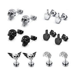 PiercingJak 6 Pairs Gothic Skull Earrings for Men Women Punk Stainless Steel Silver Black Finger Stud Earrings Rock Ear Piercing Earrings Gothic Jewellery for Halloween