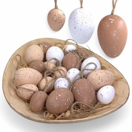 MIJOMA 20 Piece Easter Egg Set - Realistic Looking Plastic Eggs with Jute Ribbon - Egg Shaped Bowl - Perfect Easter Decoration for Hanging & Decorating (Brown)