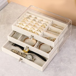 Acrylic Jewelry Organizers Box with 3 Drawers, Clear Jewelry Velvet Organizer for Earring Ring Bracelet (Beige)