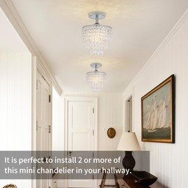 HongnuoFc 8" Mini Crystal Chandelier 3-Tier Crystal Raindrop Semi Flush Mount Ceiling Light Fixture Small Chandelier for Bedroom Kitchen Hallway Bathroom Closet (Chrome)