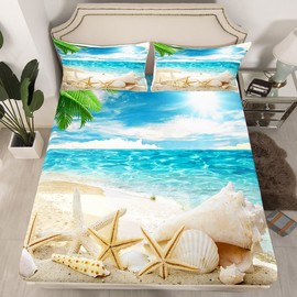 Erosebridal Beach Themed Sheets Blue Ocean Bed Sheets Queen Seashell Starfish Printed Sheet Set Beach Coastal Fitted Sheet for Kids Teens Adults Soft (1 Flat Sheet + 1 Fitted Sheet + 2 Pillowcases)